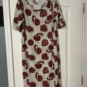 LuLaRoe Cream and Red Paisley Midi Dress